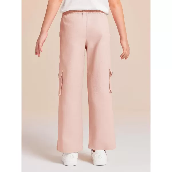 Haloumoning Girls Cargo Pants High Elastic Waist Kids Straight Leg Twill Trousers with Pockets 5-14 Years