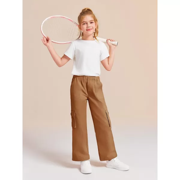Haloumoning Girls Cargo Pants High Elastic Waist Kids Straight Leg Twill Trousers with Pockets 5-14 Years