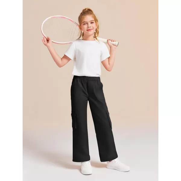 Haloumoning Girls Cargo Pants High Elastic Waist Kids Straight Leg Twill Trousers with Pockets 5-14 Years