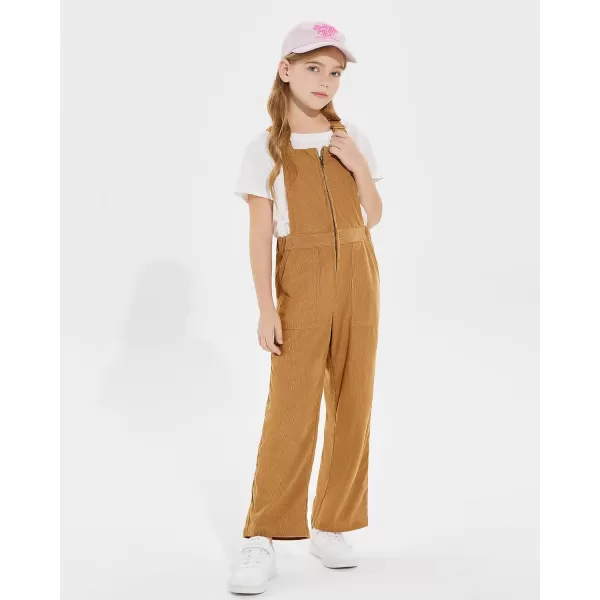 Haloumoning Girls Corduroy Overalls Kids Fashion Zip Up Jumpsuits Loose Casual Jumpers with Pockets