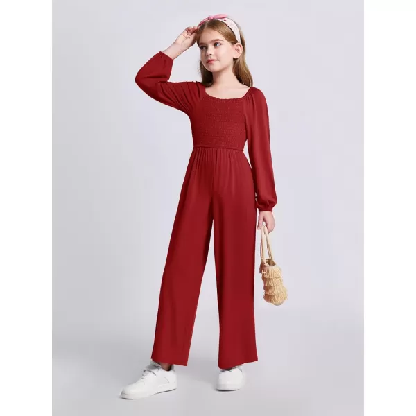 Haloumoning Girls Jumpsuit Kids Long Sleeve Smocked Wide Leg Romper 4-14 Years