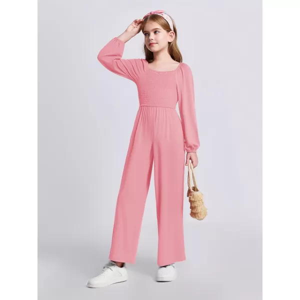 Haloumoning Girls Jumpsuit Kids Long Sleeve Smocked Wide Leg Romper 4-14 Years