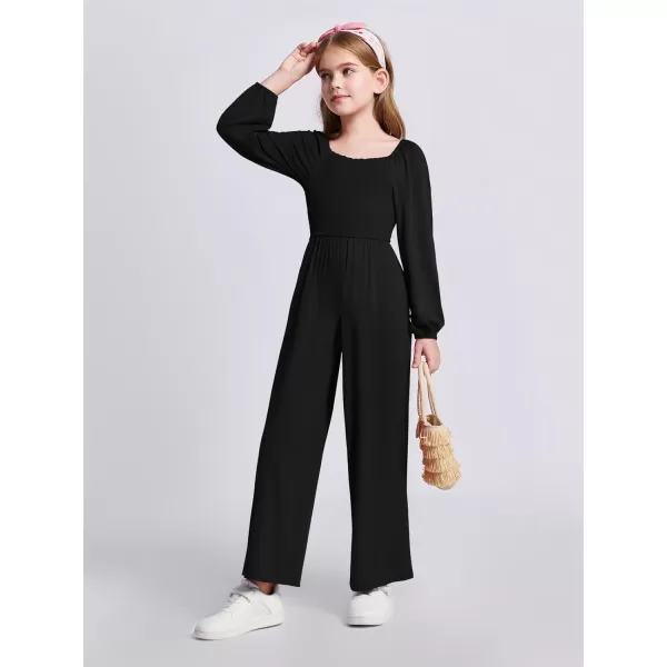 Haloumoning Girls Jumpsuit Kids Long Sleeve Smocked Wide Leg Romper 4-14 Years