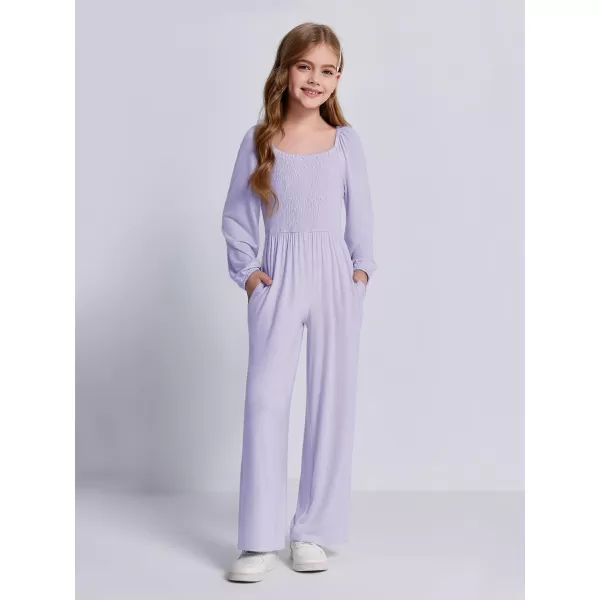 Haloumoning Girls Jumpsuit Kids Long Sleeve Smocked Wide Leg Romper 4-14 Years