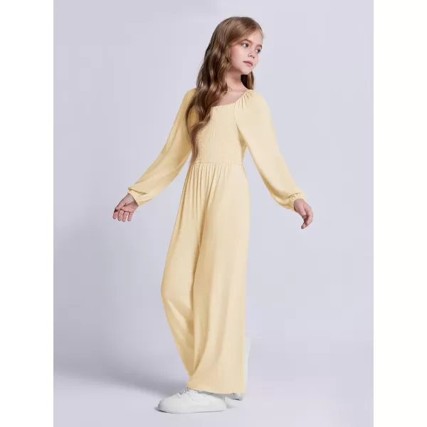 Haloumoning Girls Jumpsuit Kids Long Sleeve Smocked Wide Leg Romper 4-14 Years
