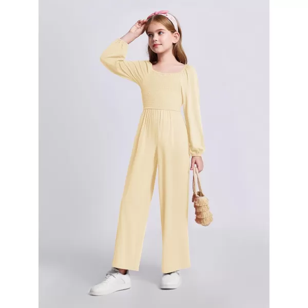 Haloumoning Girls Jumpsuit Kids Long Sleeve Smocked Wide Leg Romper 4-14 Years