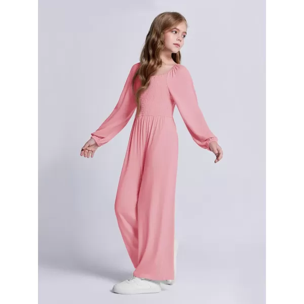 Haloumoning Girls Jumpsuit Kids Long Sleeve Smocked Wide Leg Romper 4-14 Years