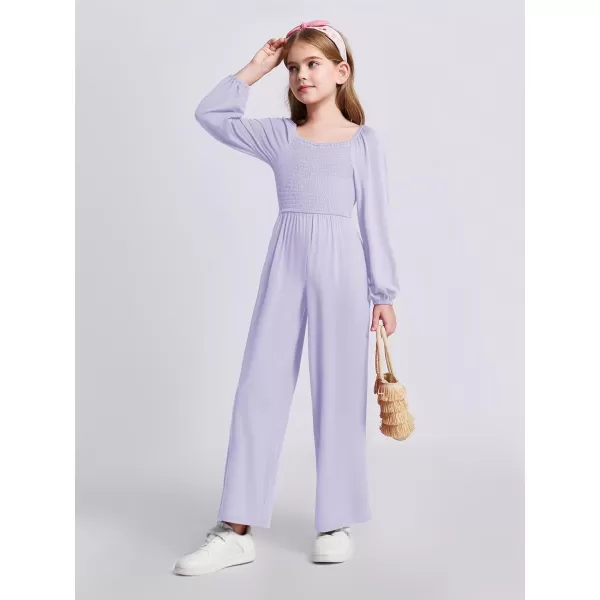 Haloumoning Girls Jumpsuit Kids Long Sleeve Smocked Wide Leg Romper 4-14 Years