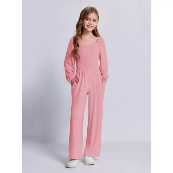 Haloumoning Girls Jumpsuit Kids Long Sleeve Smocked Wide Leg Romper 4-14 Years