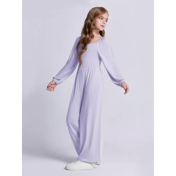 Haloumoning Girls Jumpsuit Kids Long Sleeve Smocked Wide Leg Romper 4-14 Years