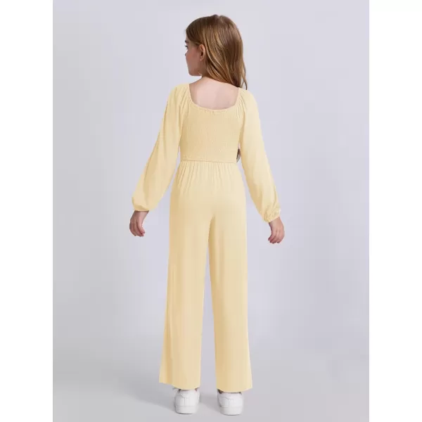 Haloumoning Girls Jumpsuit Kids Long Sleeve Smocked Wide Leg Romper 4-14 Years