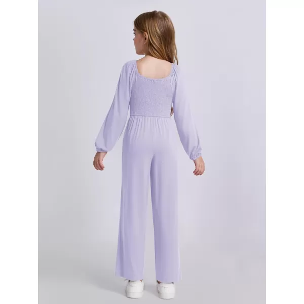 Haloumoning Girls Jumpsuit Kids Long Sleeve Smocked Wide Leg Romper 4-14 Years
