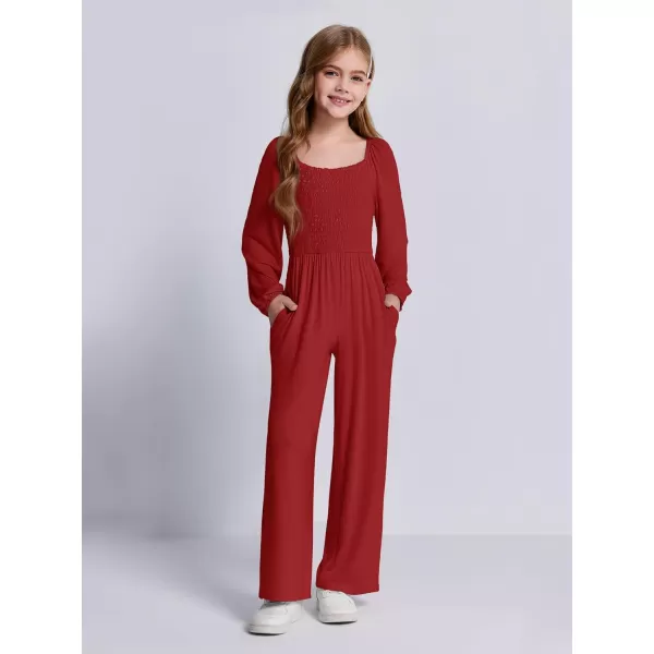 Haloumoning Girls Jumpsuit Kids Long Sleeve Smocked Wide Leg Romper 4-14 Years