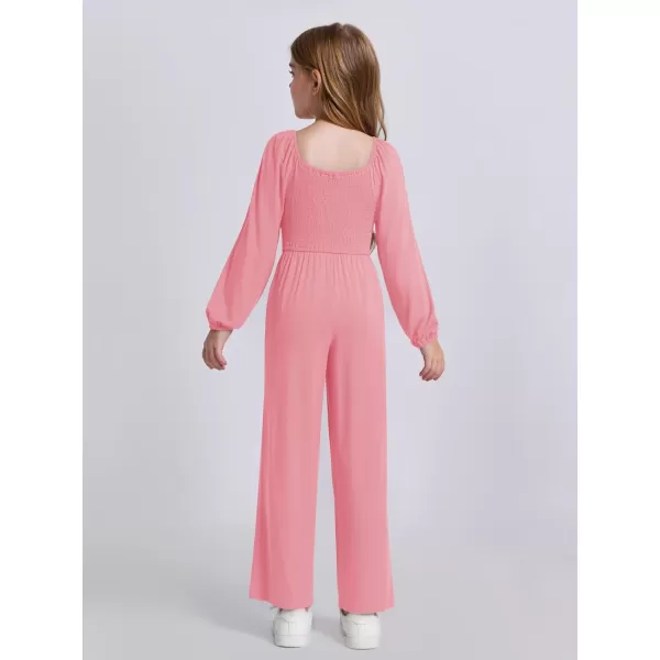 Haloumoning Girls Jumpsuit Kids Long Sleeve Smocked Wide Leg Romper 4-14 Years