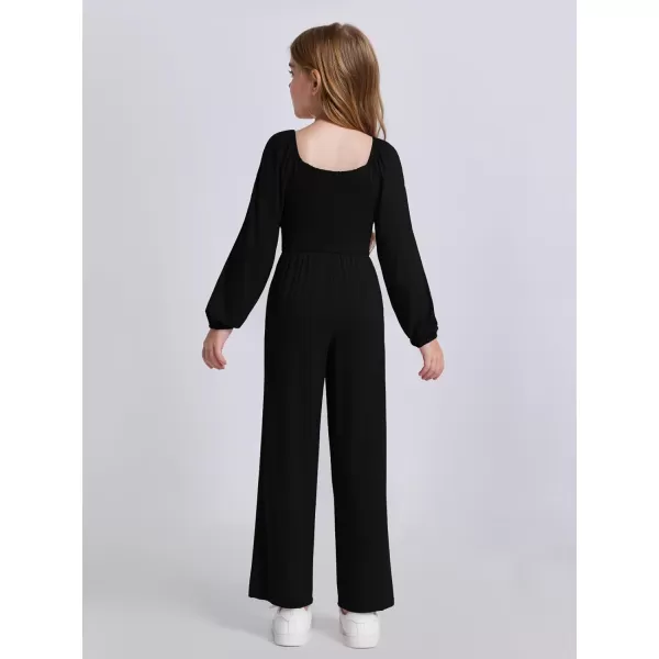 Haloumoning Girls Jumpsuit Kids Long Sleeve Smocked Wide Leg Romper 4-14 Years