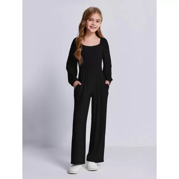 Haloumoning Girls Jumpsuit Kids Long Sleeve Smocked Wide Leg Romper 4-14 Years