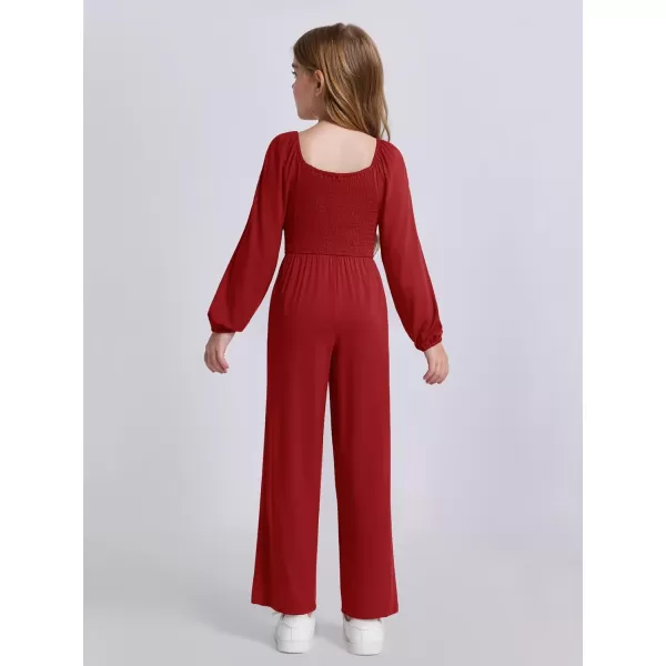 Haloumoning Girls Jumpsuit Kids Long Sleeve Smocked Wide Leg Romper 4-14 Years