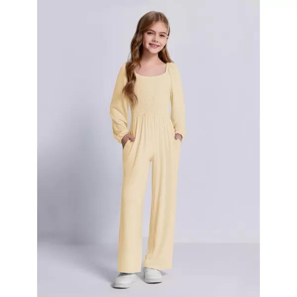 Haloumoning Girls Jumpsuit Kids Long Sleeve Smocked Wide Leg Romper 4-14 Years