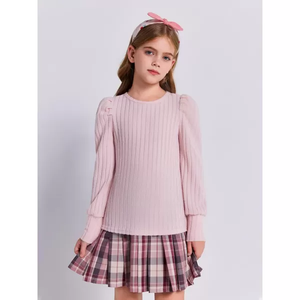 Haloumoning Girls Puff Long Sleeve Shirts Kids Fashion Ribbed Knit Tops Blouse 5-14 Years