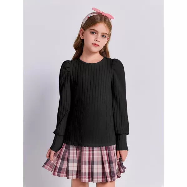 Haloumoning Girls Puff Long Sleeve Shirts Kids Fashion Ribbed Knit Tops Blouse 5-14 Years