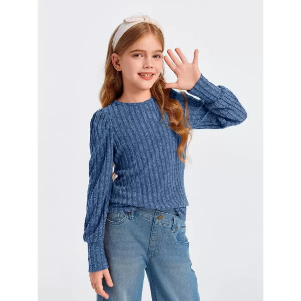 Haloumoning Girls Puff Long Sleeve Shirts Kids Fashion Ribbed Knit Tops Blouse 5-14 Years