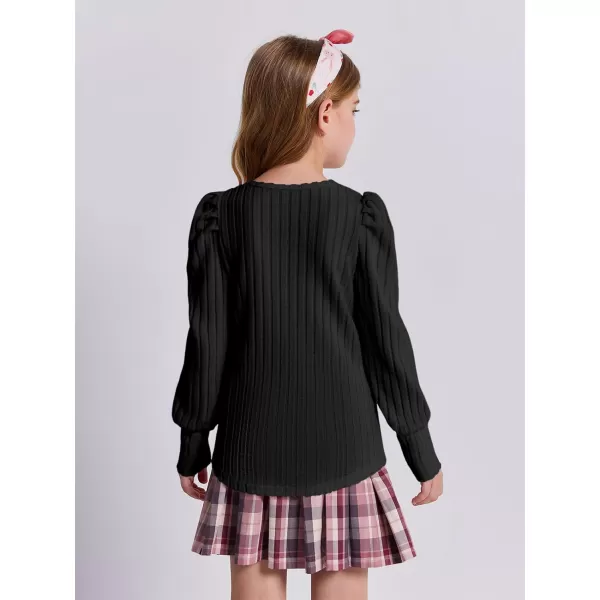 Haloumoning Girls Puff Long Sleeve Shirts Kids Fashion Ribbed Knit Tops Blouse 5-14 Years
