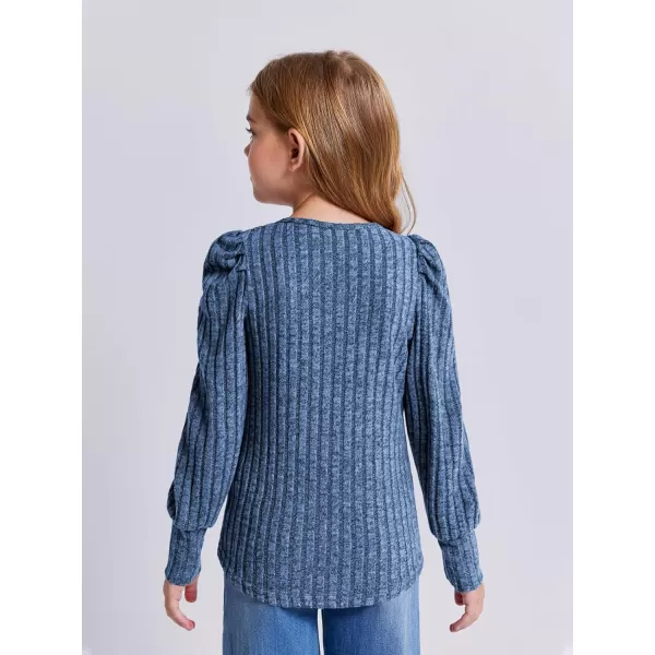 Haloumoning Girls Puff Long Sleeve Shirts Kids Fashion Ribbed Knit Tops Blouse 5-14 Years