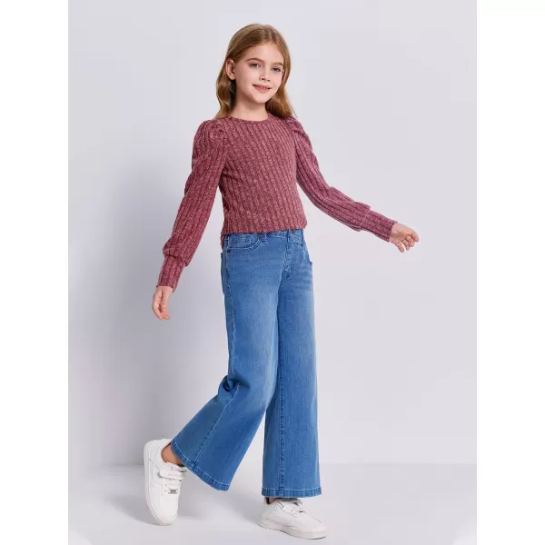 Haloumoning Girls Puff Long Sleeve Shirts Kids Fashion Ribbed Knit Tops Blouse 5-14 Years