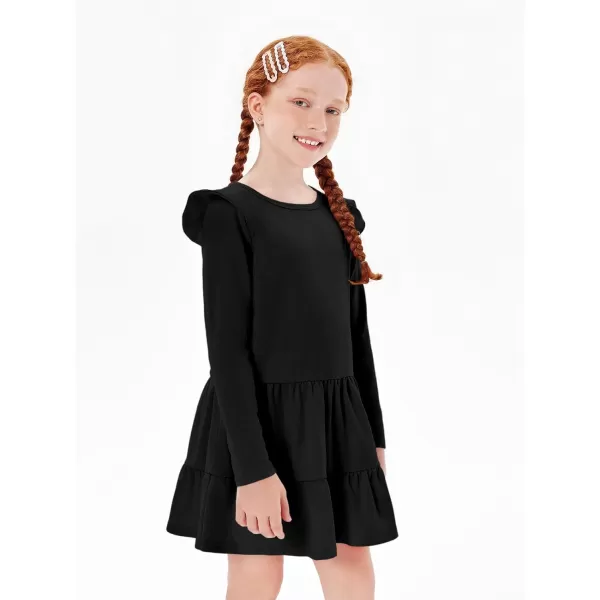 Haloumoning Girls Ruffle Long Sleeve Tiered Dresses Kids Fall Cute Flowy Crewneck Dress 5-14 Years
