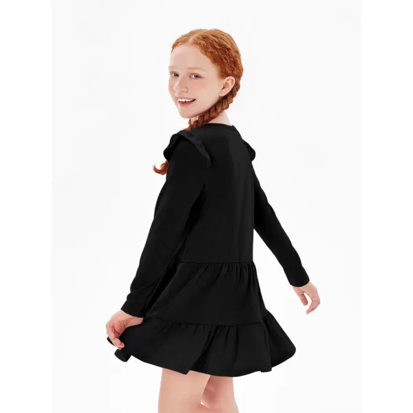 Haloumoning Girls Ruffle Long Sleeve Tiered Dresses Kids Fall Cute Flowy Crewneck Dress 5-14 Years