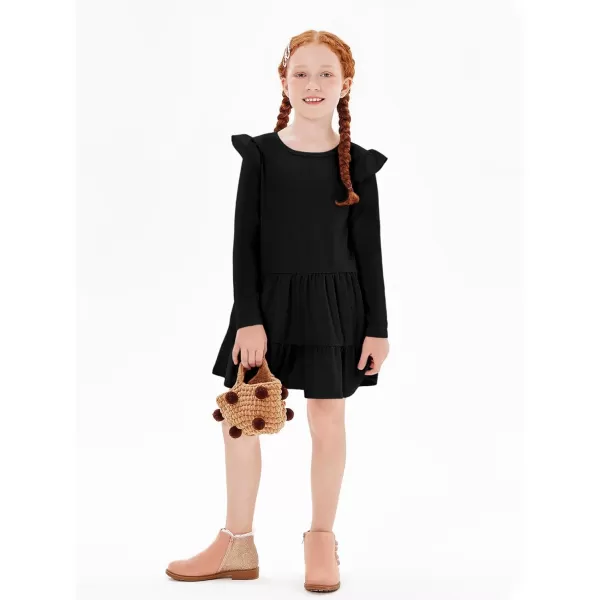Haloumoning Girls Ruffle Long Sleeve Tiered Dresses Kids Fall Cute Flowy Crewneck Dress 5-14 Years