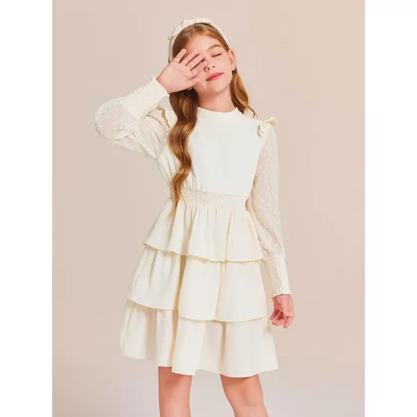 Haloumoning Girls Ruffle Tiered Dresses Kids Cute Solid Long Sleeve Boho Dress 5-14 Years