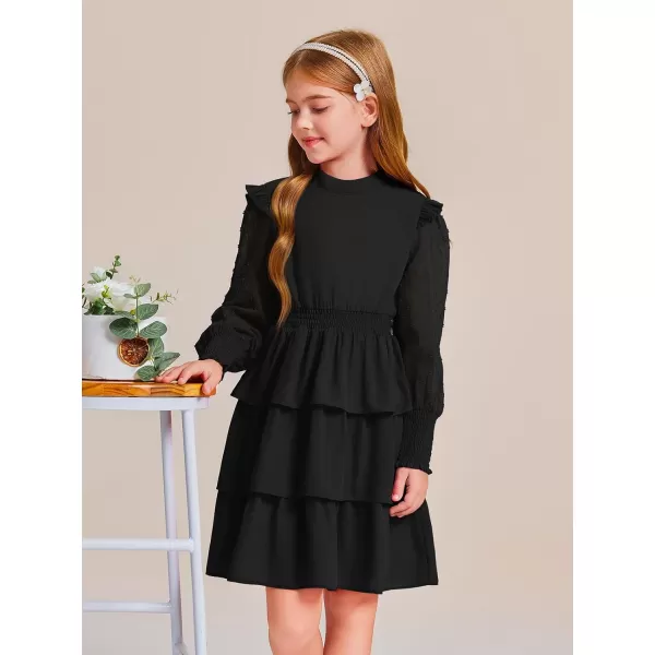 Haloumoning Girls Ruffle Tiered Dresses Kids Cute Solid Long Sleeve Boho Dress 5-14 Years