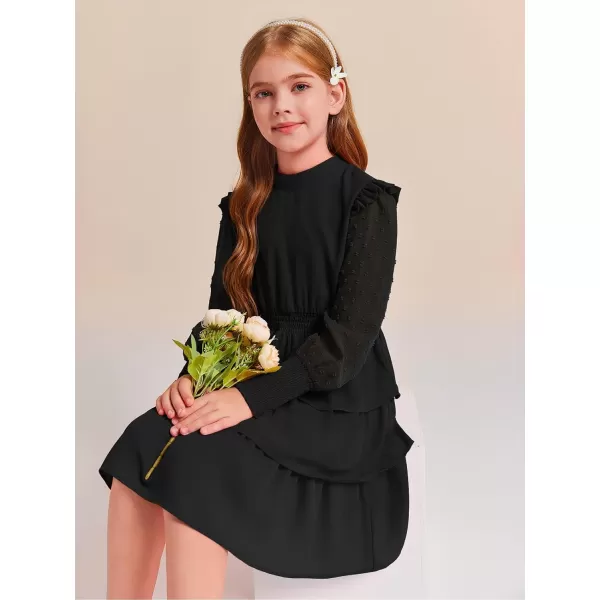 Haloumoning Girls Ruffle Tiered Dresses Kids Cute Solid Long Sleeve Boho Dress 5-14 Years