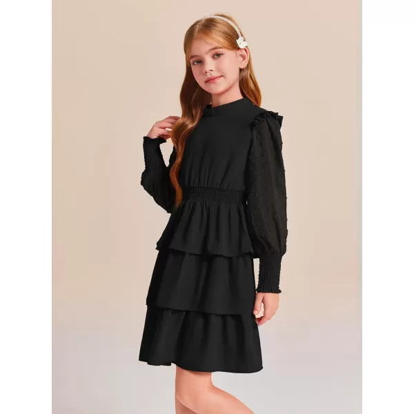 Haloumoning Girls Ruffle Tiered Dresses Kids Cute Solid Long Sleeve Boho Dress 5-14 Years