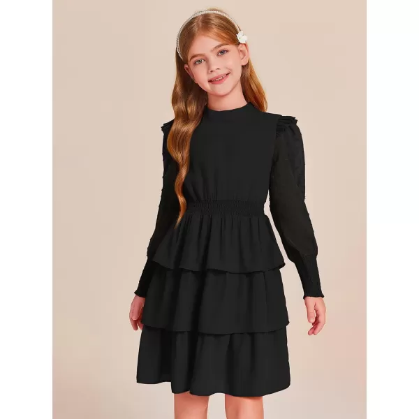 Haloumoning Girls Ruffle Tiered Dresses Kids Cute Solid Long Sleeve Boho Dress 5-14 Years