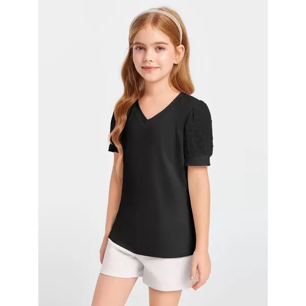 Haloumoning Girls T Shirts Kids Summer Swiss Dots Texture Sheer Puff Sleeves V Neck Blouse Tee Tops 5-14 Years