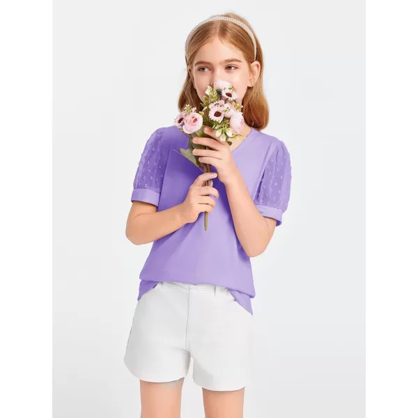 Haloumoning Girls T Shirts Kids Summer Swiss Dots Texture Sheer Puff Sleeves V Neck Blouse Tee Tops 5-14 Years