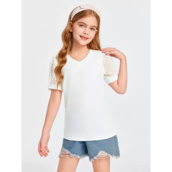 Haloumoning Girls T Shirts Kids Summer Swiss Dots Texture Sheer Puff Sleeves V Neck Blouse Tee Tops 5-14 Years