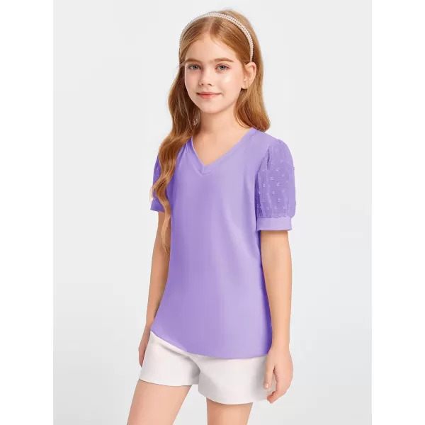 Haloumoning Girls T Shirts Kids Summer Swiss Dots Texture Sheer Puff Sleeves V Neck Blouse Tee Tops 5-14 Years
