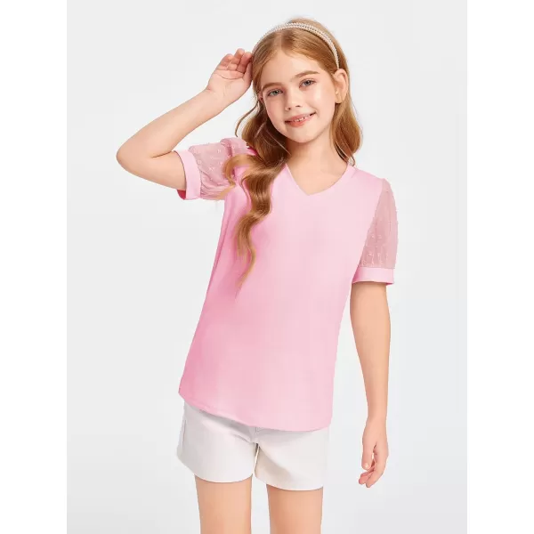 Haloumoning Girls T Shirts Kids Summer Swiss Dots Texture Sheer Puff Sleeves V Neck Blouse Tee Tops 5-14 Years