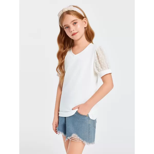 Haloumoning Girls T Shirts Kids Summer Swiss Dots Texture Sheer Puff Sleeves V Neck Blouse Tee Tops 5-14 Years