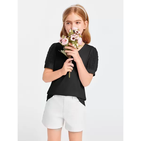 Haloumoning Girls T Shirts Kids Summer Swiss Dots Texture Sheer Puff Sleeves V Neck Blouse Tee Tops 5-14 Years