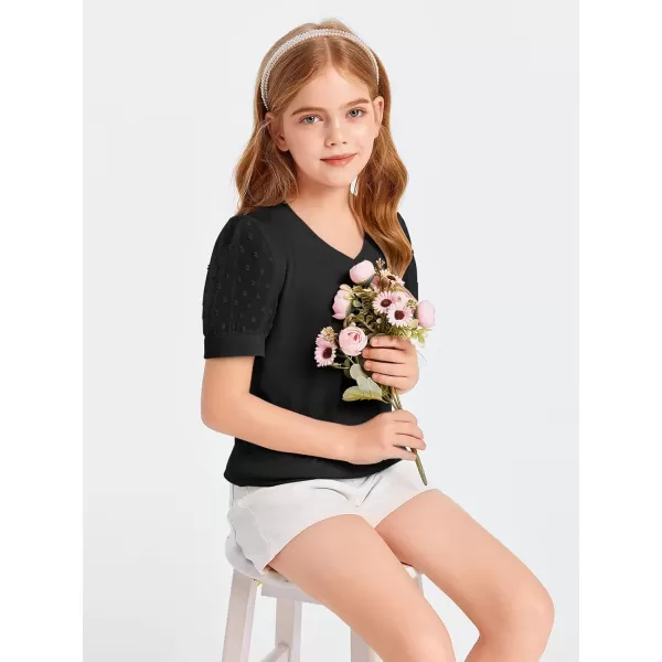 Haloumoning Girls T Shirts Kids Summer Swiss Dots Texture Sheer Puff Sleeves V Neck Blouse Tee Tops 5-14 Years