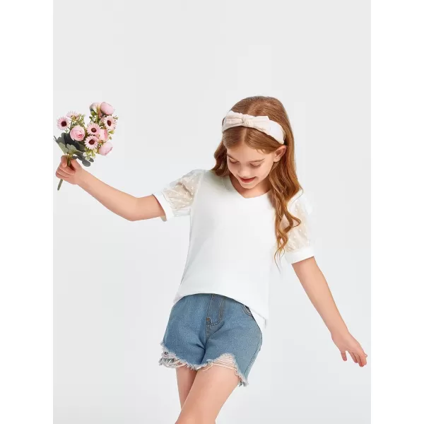 Haloumoning Girls T Shirts Kids Summer Swiss Dots Texture Sheer Puff Sleeves V Neck Blouse Tee Tops 5-14 Years