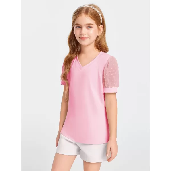 Haloumoning Girls T Shirts Kids Summer Swiss Dots Texture Sheer Puff Sleeves V Neck Blouse Tee Tops 5-14 Years