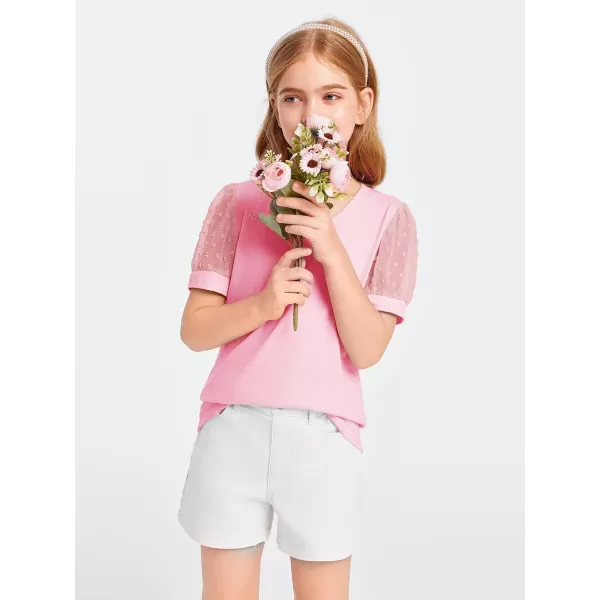 Haloumoning Girls T Shirts Kids Summer Swiss Dots Texture Sheer Puff Sleeves V Neck Blouse Tee Tops 5-14 Years