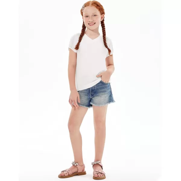 Haloumoning Girls V Neck T-Shirts Kids Summer Swiss Dot Short Sleeve Tops Cute Fashion Tees 5-14 Years