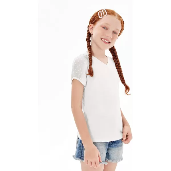 Haloumoning Girls V Neck T-Shirts Kids Summer Swiss Dot Short Sleeve Tops Cute Fashion Tees 5-14 Years