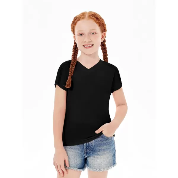 Haloumoning Girls V Neck T-Shirts Kids Summer Swiss Dot Short Sleeve Tops Cute Fashion Tees 5-14 Years